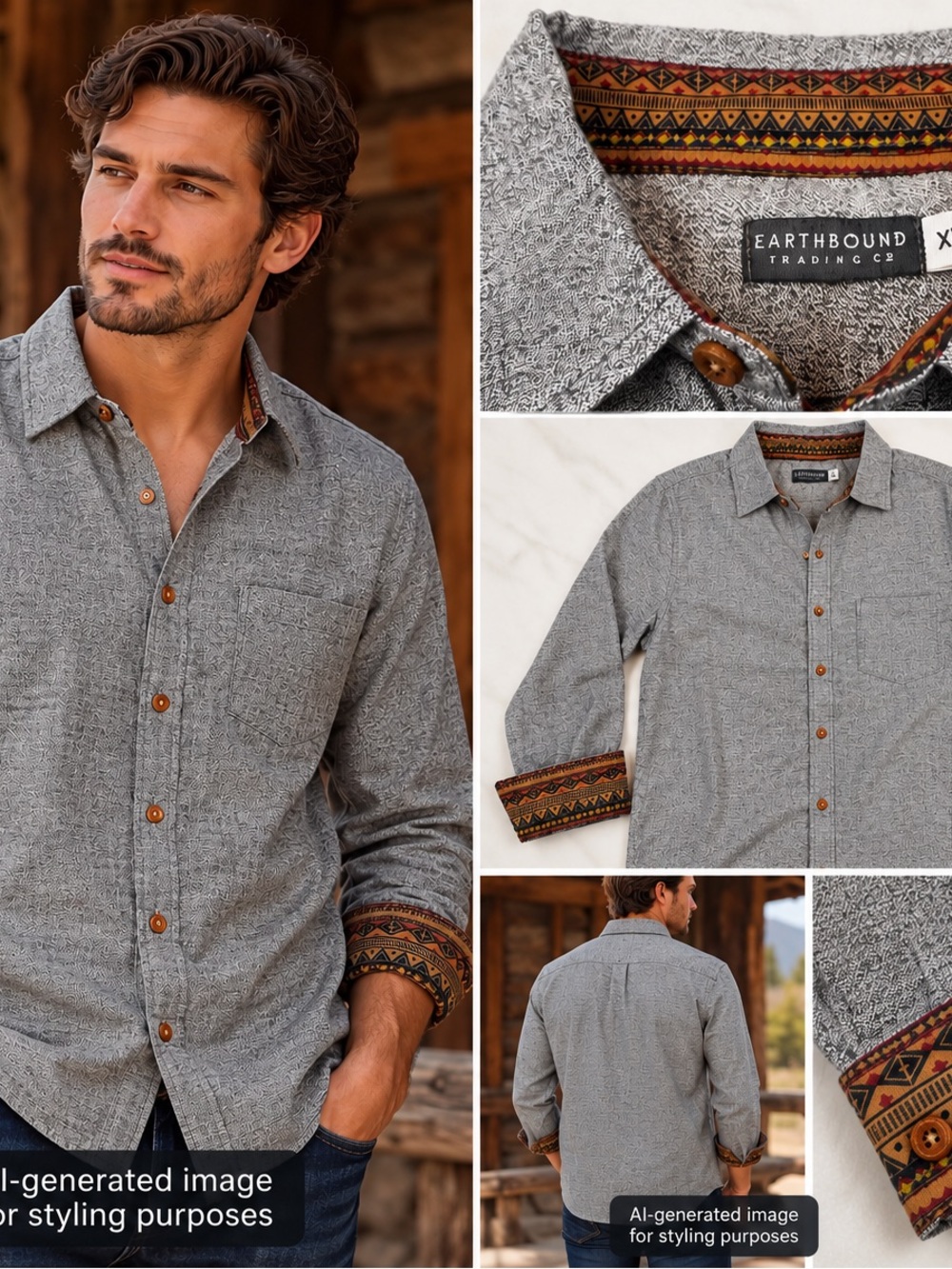 Earthbound Trading Co Men’s XL Gray Button Front Shirt Southwestern Boho